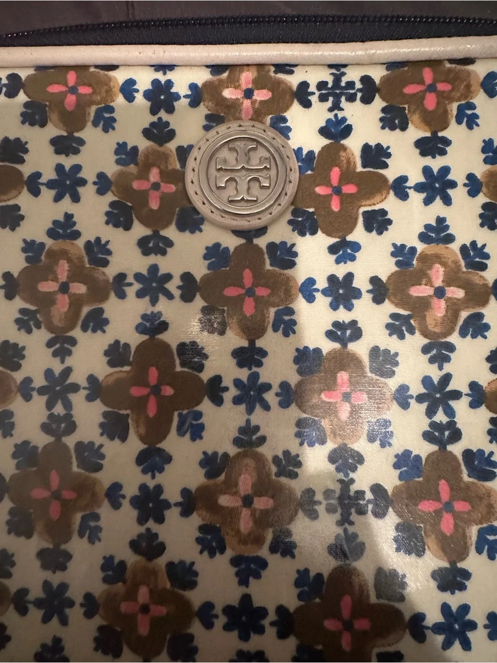 Tory Burch Cream Floral Coated Canvas iPad Sleeve with Navy and Pink Accents